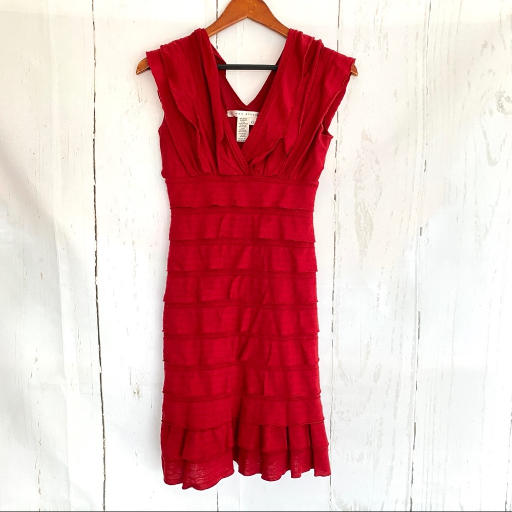 MAX STUDIO Red Tiered Ruffle Sleeveless Stretch Dress Extra Small XS